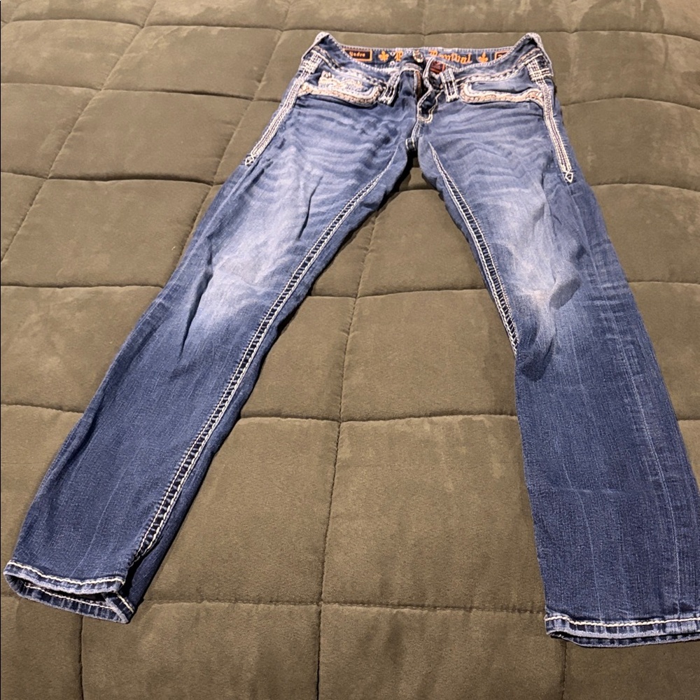 Rock Revival Blue Denim Jeans with White Stitching